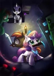 Size: 1240x1748 | Tagged: safe, artist:akamei, derpibooru import, button mash, sweetie belle, earth pony, pony, skeleton pony, undead, unicorn, zombie, zombie pony, don't mine at night, bone, colt, creeper, dark, diamond pickaxe, female, fight, filly, foal, glow, male, minecraft, mouth hold, pickaxe, pixiv, skeleton, sword, weapon