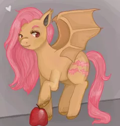 Size: 852x892 | Tagged: safe, artist:superlucky13, derpibooru import, fluttershy, bat pony, pony, bats!, apple, bat ponified, flutterbat, food, race swap, solo