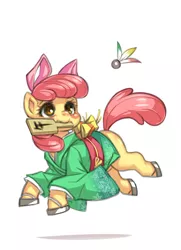 Size: 609x841 | Tagged: adorabloom, apple bloom, artist:hoihoi, clothes, cute, derpibooru import, hanetsuki, happy new year, holiday, japanese, kimono (clothing), mouth hold, pixiv, running, safe, smiling, solo