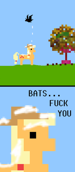 Size: 322x734 | Tagged: safe, derpibooru import, applejack, bat, earth pony, pony, bats!, death grips, female, guano, mare, parody, pixel art, plop bombing, poop, solo, tree, vulgar, wat