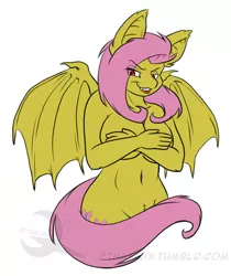 Size: 450x535 | Tagged: suggestive, artist:ethanqix, derpibooru import, fluttershy, anthro, bat pony, bats!, bat ponified, belly button, breasts, busty fluttershy, clothes, covering, female, flutterbat, partial nudity, pubic fluff, race swap, simple background, solo, solo female, tail covering, teasing, topless, white background