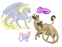 Size: 199x153 | Tagged: artist needed, safe, derpibooru import, amethyst star, derpy hooves, dinky hooves, dragon, horse, pegasus, pony, dragon cave, dragonified, equestria's best mother, family, female, hatchling, horse dragon, mare, pixel art, recolor, species swap, sprite, sweetling