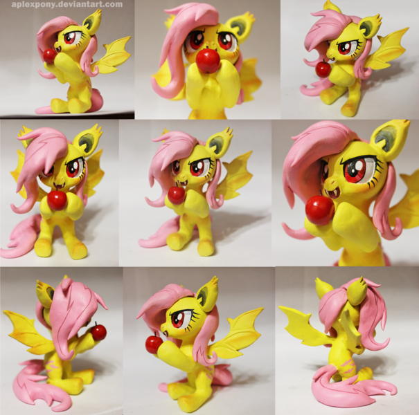 Size: 3019x2992 | Tagged: safe, artist:aplexpony, derpibooru import, fluttershy, bat pony, pony, bats!, apple, bat ponified, craft, custom, figure, flutterbat, food, irl, photo, race swap, sculpture, toy