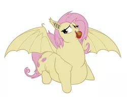 Size: 1071x818 | Tagged: safe, artist:calorie, derpibooru import, fluttershy, bat pony, pony, bats!, apple, bat ponified, eating, fat, fattershy, flubberbat, flutterbat, food, morbidly obese, mouth hold, obese, race swap, solo