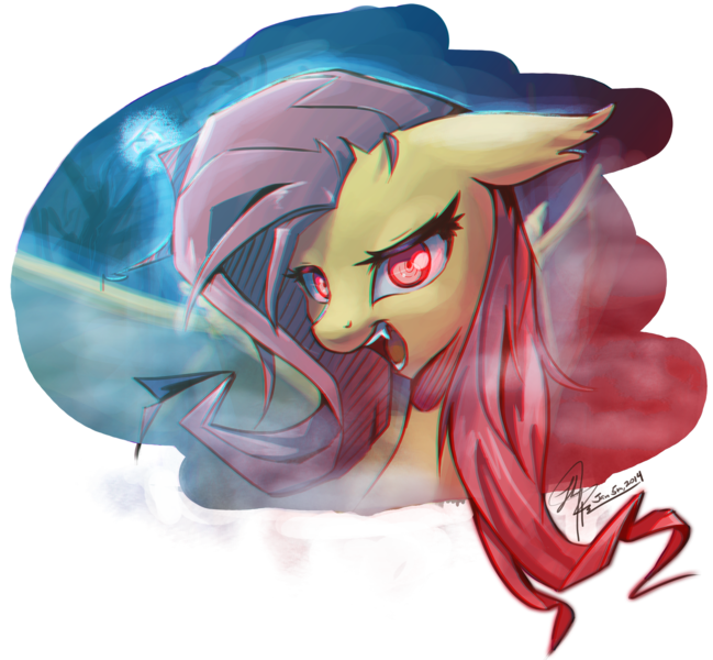 Size: 1857x1718 | Tagged: safe, artist:chingilin, derpibooru import, fluttershy, bat pony, pony, bats!, bat ponified, flutterbat, frame, glowing eyes, out of frame, partial background, race swap, solo