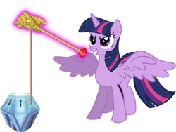 Size: 613x462 | Tagged: safe, derpibooru import, twilight sparkle, twilight sparkle (alicorn), alicorn, pony, princess twilight sparkle (episode), rarity takes manehattan, female, flail, grin, magic, mare, mystery box of plot importance, rainbow thread, scepter, smiling, solo, spread wings, telekinesis, twilight scepter, weapon, wings