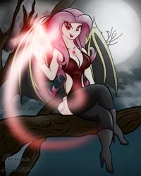 Size: 3247x4054 | Tagged: suggestive, artist:baroquedavid, derpibooru import, fluttershy, bat pony, human, vampire, bats!, apple, bat ponified, breasts, cleavage, female, flutterbat, food, humanized, race swap, solo, solo female, tree, winged humanization, wings