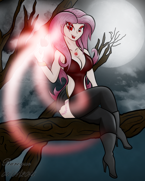 Size: 3247x4054 | Tagged: suggestive, artist:baroquedavid, derpibooru import, fluttershy, bat pony, human, vampire, bats!, bat ponified, breasts, cleavage, female, flutterbat, humanized, light skin, race swap, solo, solo female, tree