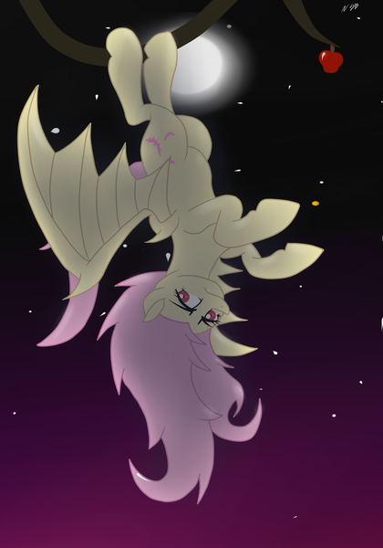 Size: 3500x5000 | Tagged: safe, artist:neonstreaksns, derpibooru import, fluttershy, bat pony, pony, bats!, apple, bat ponified, flutterbat, food, hanging, moon, night, race swap, solo, stars, tree, upside down