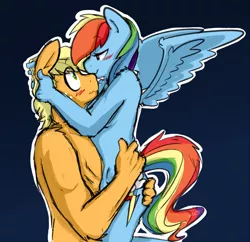 Size: 900x872 | Tagged: suggestive, artist:nolycs, derpibooru import, applejack, rainbow dash, anthro, appledash, appledash (straight), applejack (male), bare chest, bedroom eyes, blushing, breasts, cuddling, eye contact, female, fluffy, half r63 shipping, hug, lesbian, looking at each other, male, nervous, nudity, rule 63, shipping, smiling, snuggling, spread wings, straight, wavy mouth, wide eyes, wings