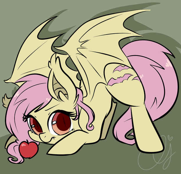 Size: 1280x1233 | Tagged: safe, artist:inkie-heart, derpibooru import, fluttershy, bat pony, pony, bats!, apple, bat ponified, cute, flutterbat, food, looking at you, race swap, shyabates, shyabetes, solo