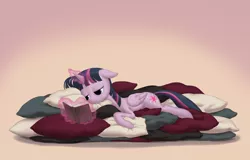 Size: 1705x1088 | Tagged: safe, artist:dannylim86, derpibooru import, twilight sparkle, twilight sparkle (alicorn), alicorn, pony, book, female, magic, mare, pile, pillow, reading, solo, tired