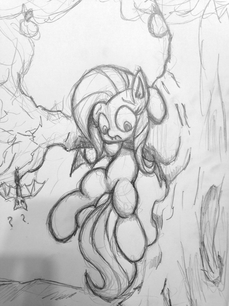 Size: 979x1306 | Tagged: safe, artist:da-futaba, derpibooru import, fluttershy, bat, bat pony, pony, bats!, apple, bat ponified, falling, flutterbat, food, monochrome, pencil drawing, race swap, sketch, solo, traditional art, tree