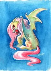 Size: 569x800 | Tagged: safe, artist:mamath, derpibooru import, fluttershy, bat pony, pony, bats!, apple, bat ponified, flutterbat, food, mouth hold, race swap, solo, traditional art, watercolor painting