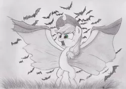 Size: 900x634 | Tagged: safe, artist:applebeard, derpibooru import, applejack, bat pony, pony, bats!, applebat, bat ponified, bipedal, cape, clothes, monochrome, race swap, solo, traditional art