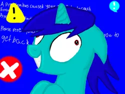 Size: 680x512 | Tagged: safe, artist:trevor s., derpibooru import, oc, oc:bsod, unofficial characters only, unicorn, blue screen of death, colors! 3d, contemplating insanity, derp, error, microsoft, solo, trace, windows