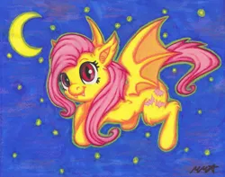 Size: 4756x3740 | Tagged: safe, artist:neonredwings, derpibooru import, fluttershy, bat pony, pony, bats!, bat ponified, flutterbat, flying, moon, night, race swap, solo, stars, traditional art