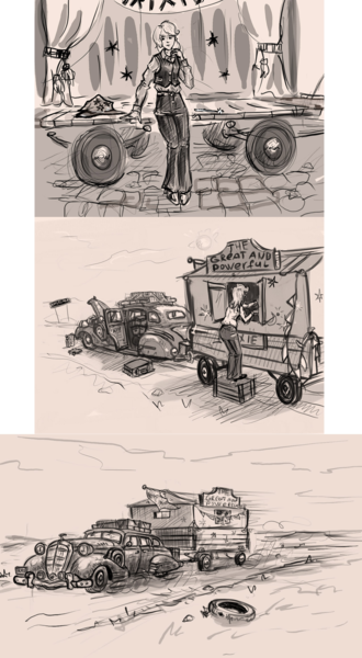 Size: 1280x2329 | Tagged: artist:agm, automobile, buick roadmaster, car, caravan, clothes, derpibooru import, hat, human, humanized, jerry can, luggage, safe, stage, suitcase, trixie, trixie's hat, trixie's wagon, wagon, wandering trixie