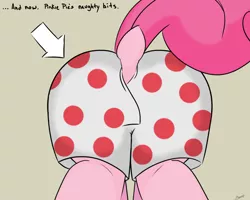 Size: 1280x1024 | Tagged: arrow, artist:rainbow-dosh, boxers, butt, clothes, derpibooru import, dock, female, monty python, monty python's flying circus, naughty, pinkie pie, plot, raised tail, shorts, solo, solo female, suggestive, tail, underwear