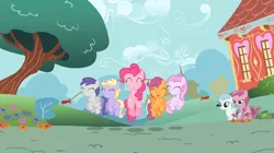 Size: 1054x592 | Tagged: safe, derpibooru import, screencap, applecore, cotton cloudy, dinky hooves, pinkie pie, piña colada, ruby pinch, scootaloo, tornado bolt, earth pony, pegasus, pony, unicorn, a friend in deed, cute, cutealoo, diapinkes, dinkabetes, female, filly, jump rope, mare, piña cutelada