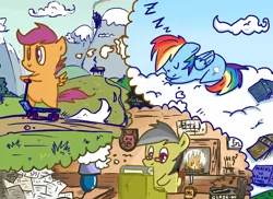 Size: 1752x1275 | Tagged: artist:loukaw, chibi, daring do, dash and scootaloo's cycle of obsession, daydream, derpibooru import, dream, rainbow dash, safe, scootaloo, sleeping