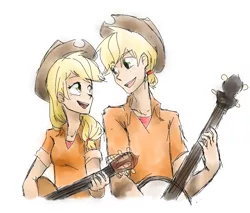 Size: 1280x1088 | Tagged: applejack, applejack (male), applejacks (shipping), artist:annie-aya, derpibooru import, female, guitar, human, humanized, light skin, looking at each other, male, musical instrument, rule 63, safe, selfcest, self ponidox, shipping, straight