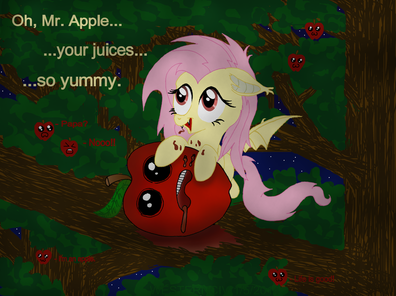 Size: 3227x2413 | Tagged: grimdark, artist:westernciv, derpibooru import, fluttershy, bat pony, pony, bats!, apple, bat ponified, blood, eating, flutterbat, food, race swap, solo, tree