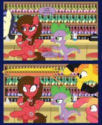 Size: 1100x1347 | Tagged: suggestive, artist:edowaado, derpibooru import, big macintosh, carrot cake, spike, earth pony, pony, 2 panel comic, comic, jewelry, male, necklace, pearl, spike's witty pickup lines, stallion