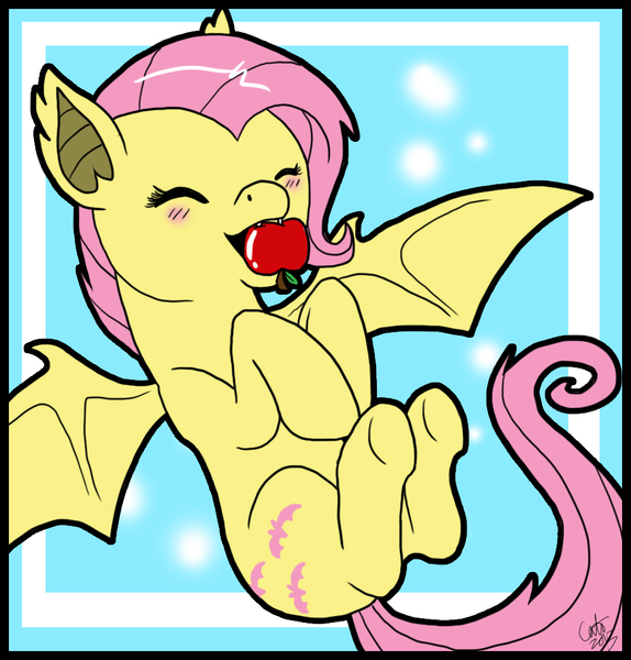 Size: 926x968 | Tagged: safe, artist:kiiwka, derpibooru import, fluttershy, bat pony, pony, bats!, apple, bat ponified, cute, flutterbat, food, mouth hold, race swap, solo