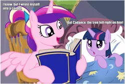 Size: 960x640 | Tagged: safe, deleted from derpibooru, derpibooru import, princess cadance, twilight sparkle, alicorn, pony, unicorn, bedtime story, book, cadance's bedtime stories, caption, duo, exploitable meme, female, filly, image macro, looking up, meme, merlin's shop of mystical wonders, mystery science theater 3000, text, younger