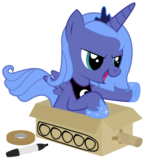 Size: 3767x4092 | Tagged: artist:replaymasteroftime, cardboard box, cute, derpibooru import, drive me closer, female, filly, lunabetes, meme, princess luna, safe, solo, tank (vehicle), warhammer 40k, warhammer (game), woona, younger