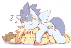 Size: 850x570 | Tagged: artist:ende26, braeburn, chibi, cute, derpibooru import, drool, gay, male, onomatopoeia, safe, shipping, simple background, sleeping, soarburn, soarin', sound effects, zzz