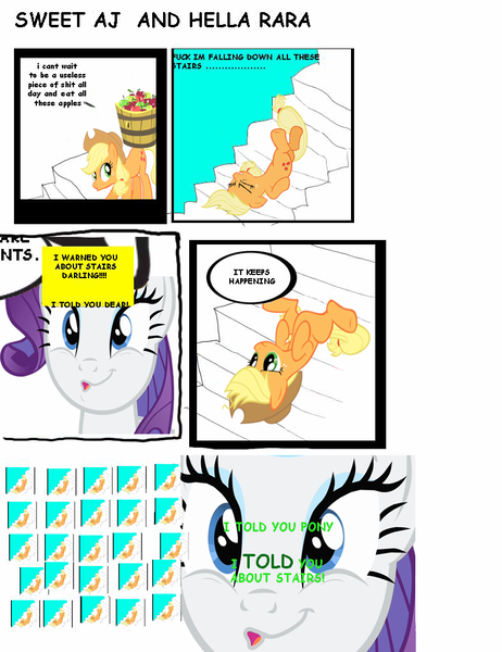 Size: 788x1024 | Tagged: safe, derpibooru import, edit, applejack, rarity, rarity takes manehattan, 8^y, apple, balancing, comic, darling, eyes closed, floppy ears, food, frown, homestuck, it keeps happening, meme, needs more jpeg, :o, on back, open mouth, rarara, rolling, smiling, stairs, sweet bro and hella jeff, vulgar, wat