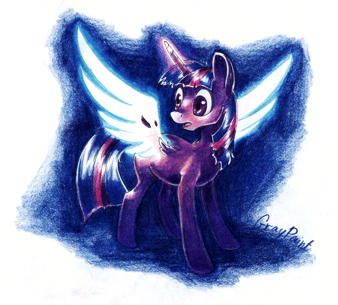 Size: 2469x2229 | Tagged: safe, artist:graypaint, derpibooru import, twilight sparkle, twilight sparkle (alicorn), alicorn, pony, female, mare, solo, traditional art, transformation