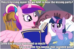 Size: 960x640 | Tagged: safe, deleted from derpibooru, derpibooru import, princess cadance, twilight sparkle, alicorn, pony, unicorn, bedtime story, book, cadance's bedtime stories, duo, exploitable meme, looking up, meme, the princess bride, unicorn twilight, younger