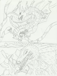 Size: 1700x2233 | Tagged: artist:johng117, biollante, derpibooru import, dragon, godzilla (series), grayscale, grimdark, kaiju, monochrome, pencil drawing, rise of the kaiju, traditional art