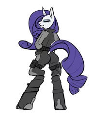 Size: 1000x1304 | Tagged: anthro, artist:cider, ass, black widow (marvel), butt, clothes, cosplay, costume, derpibooru import, dock, hooves, rarity, safe, solo, unguligrade anthro