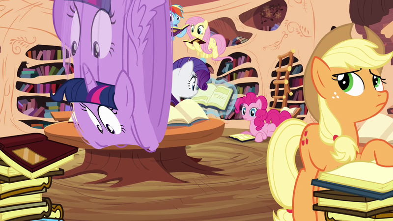 Size: 1280x720 | Tagged: safe, derpibooru import, screencap, applejack, fluttershy, pinkie pie, rainbow dash, rarity, twilight sparkle, twilight sparkle (alicorn), alicorn, pony, princess twilight sparkle (episode), female, golden oaks library, great moments in animation, mare, smear frame