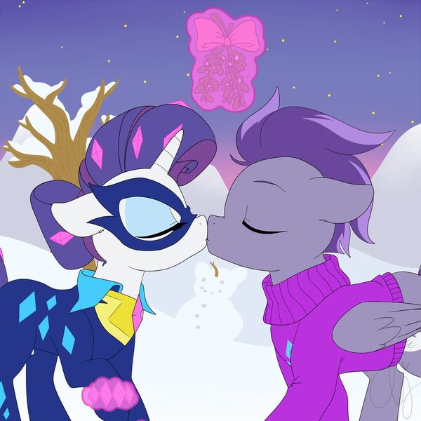 Size: 894x894 | Tagged: safe, derpibooru import, radiance, rarity, oc, oc:kydose, canon x oc, clothes, hearth's warming, kissing, mistletoe, power ponies, raridose, romantic, shipping, snow, sweater