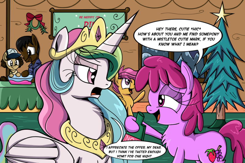 Size: 1500x1000 | Tagged: artist:daniel-sg, berry punch, berryshine, bitchlestia, chest fluff, clementine (walking dead), derpibooru import, dialogue, drunk, i can't believe it's not idw, lee everett, princess celestia, rejection, safe, scootaloo, seduction, the walking dead