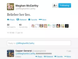 Size: 534x403 | Tagged: capper general, derpibooru import, don't believe her lies, justin bieber, meghan mccarthy, meta, safe, text, text only, twitter