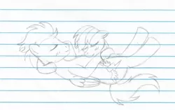 Size: 1024x643 | Tagged: safe, artist:olykins, derpibooru import, rainbow dash, soarin', female, lined paper, male, monochrome, shipping, sketch, soarindash, straight, traditional art