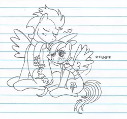 Size: 1024x961 | Tagged: safe, artist:olykins, derpibooru import, rainbow dash, soarin', clothes, female, heart, kissing, lined paper, male, monochrome, pomf, scarf, shipping, sketch, soarindash, spread wings, straight, traditional art, wingboner, wings