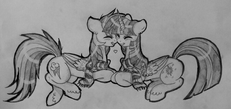 Size: 1024x482 | Tagged: safe, artist:themoonraven, derpibooru import, rainbow dash, twilight sparkle, twilight sparkle (alicorn), alicorn, pony, female, lesbian, mare, monochrome, shipping, twidash, winter