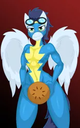 Size: 958x1536 | Tagged: suggestive, artist:lil miss jay, derpibooru import, soarin', anthro, full service playing cards, belly button, clothes, food, male, pie, pie seduce, pose, sexy, sinfully sexy, solo, solo male, stupid sexy soarin', uniform, wonderbolts, wonderbolts uniform
