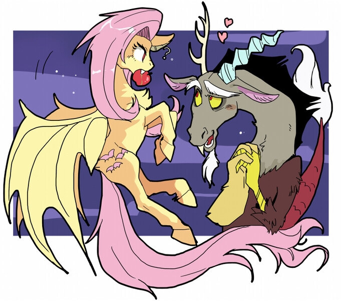 Size: 721x635 | Tagged: safe, artist:pasikon, derpibooru import, discord, fluttershy, bat pony, pony, bats!, apple, bat ponified, discobat, discoshy, female, flutterbat, food, heart, interspecies, male, mouth hold, question mark, race swap, shipping, straight