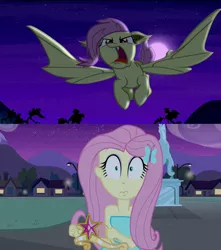 Size: 672x759 | Tagged: safe, derpibooru import, edit, screencap, fluttershy, bat pony, pony, bats!, equestria girls, equestria girls (movie), bat ponified, flutterbat, flutterbat attack, flying, human ponidox, moon, night, oh crap, race swap, self ponidox