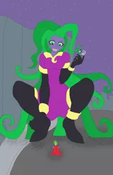 Size: 1700x2627 | Tagged: artist:final7darkness, cape, clothes, derpibooru import, electro orb, female, giantess, human, humanized, humdrum, macro, mane-iac, power ponies, power ponies (episode), request, requested art, safe, spike