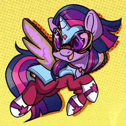 Size: 500x500 | Tagged: safe, artist:lustrous-dreams, derpibooru import, masked matter-horn, twilight sparkle, twilight sparkle (alicorn), alicorn, pony, ask filly twilight, power ponies (episode), ask, clothes, costume, fake wings, female, filly, mare, power ponies, solo, tumblr, younger