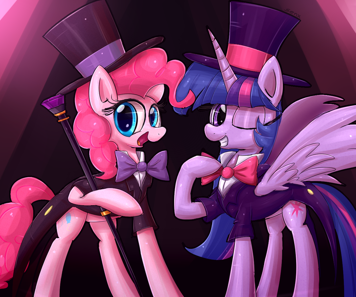 Size: 1200x1000 | Tagged: safe, artist:senx, derpibooru import, pinkie pie, twilight sparkle, twilight sparkle (alicorn), alicorn, pony, bowtie, cane, classy, female, hat, mare, top hat